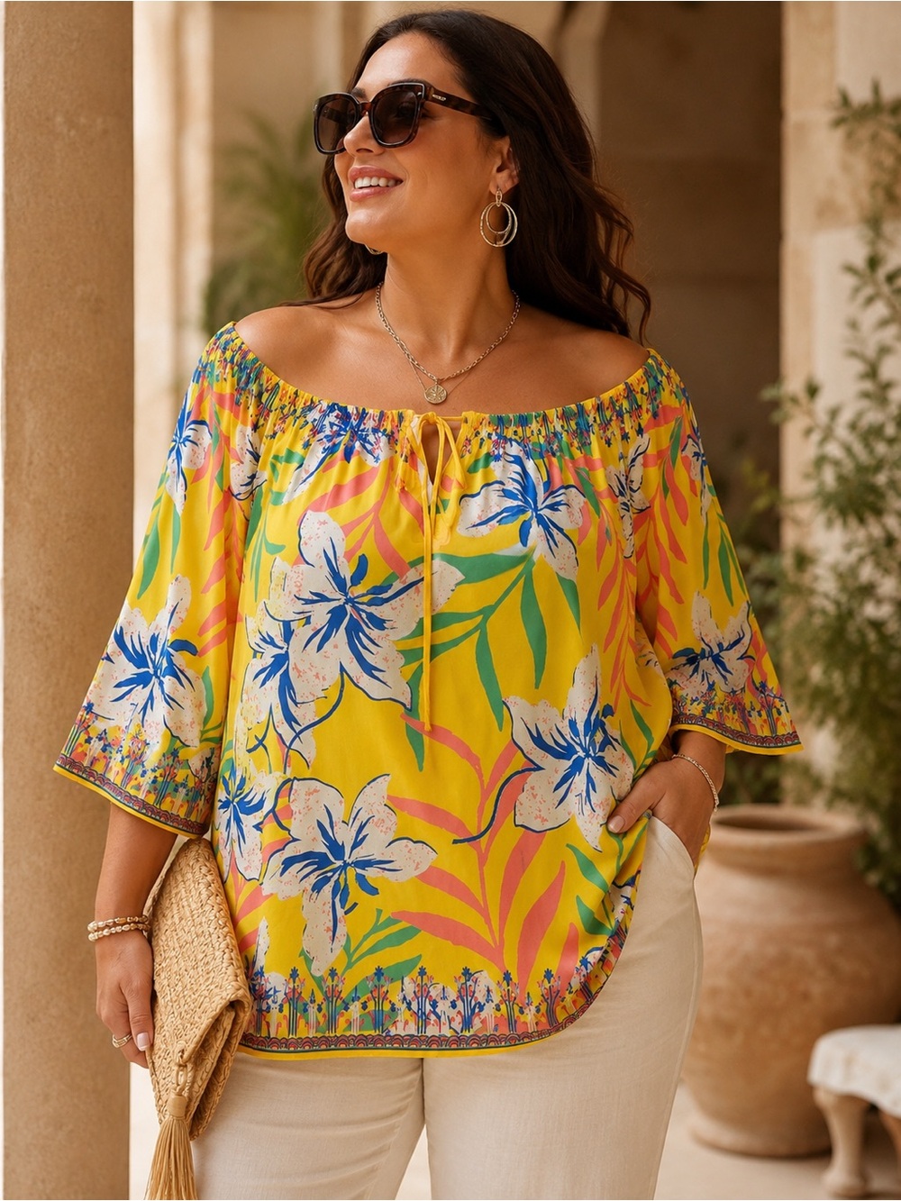 FLYING TOMATO Yellow Tropical Floral Off Shoulder Boho Blouse EUC